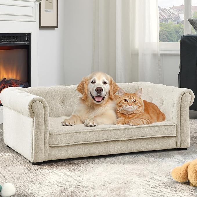 Elevated Rectangle Dog Sofa for Small & Medium Dogs - Comfortable Linen Fabric Dog Bed with Button Tufted Back, Durable Modern and Stylish Pet Bed for Living Room, Bedroom (Beige)