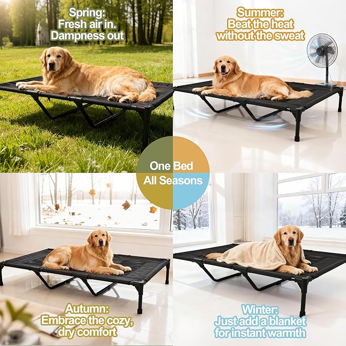 Raised Dog Bed Cooling Cot for Indoor Outdoor Use Portable Waterproof Mesh Pet Bed Washable for Large Medium Small Dogs, Black