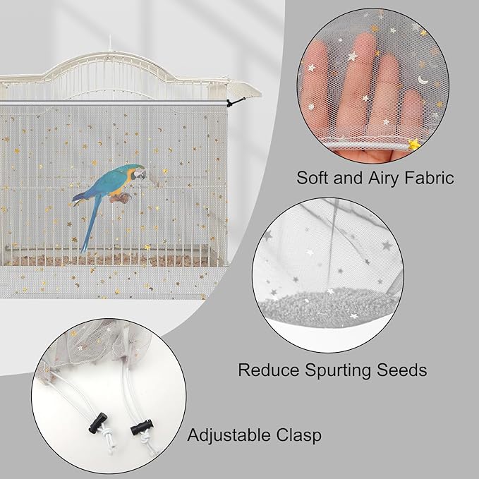 Bird Cage Seed Catcher, 60-118'' Large Bird Cages Cover, 31.5'' H Adjustable Nylon Bird Cage Mesh Net, Soft Airy Bird Cage Skirt Guard Accessories for Parrot Parakeet Macaw (Gray)