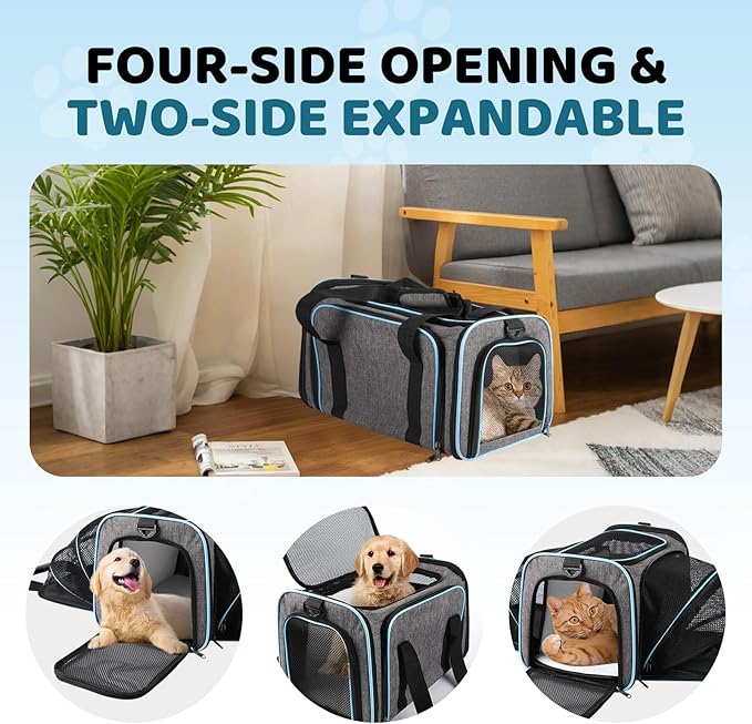 Airline Approved Pet Carrier for Cat - 17 * 11 * 11 Expandable Soft Side Pet Carrier, Collapsible Pet Travel Bag Carrier with Foldable Pet Bowl for Cat Small Animals Under 14LB