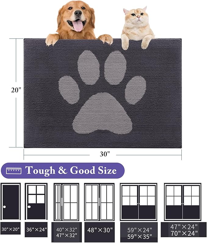 Buganda Dog Door Mat for Muddy Paws, Absorbent Dirt Trapper Non Slip Indoor Doormats, Washable Low-Profile Mat for Mud Dogs, Entryway Carpet for Inside Floor (36x24 Inches, Dark Grey)