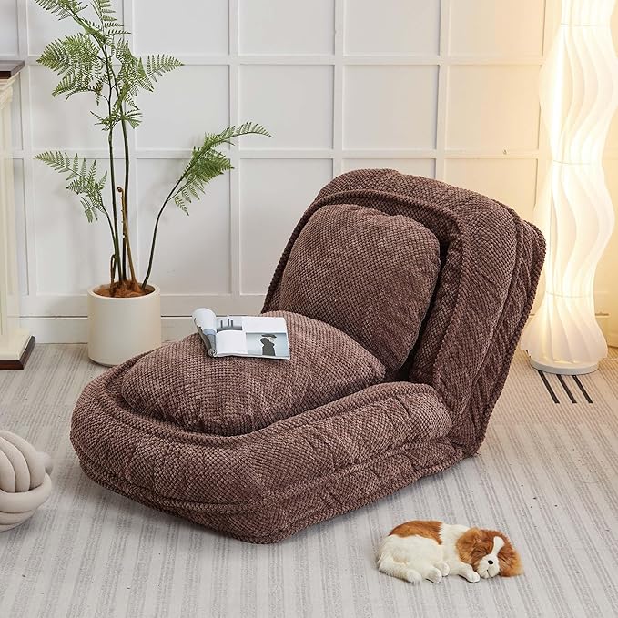Human Dog Bed for Adult and Kids, Comfy Foldable Lazy Floor Sofa Bed with 5 Adjustable Position, Grey Upholstered Floor Bean Bag Lounger Chair for Bedroom, Living Room,Office (Brown)