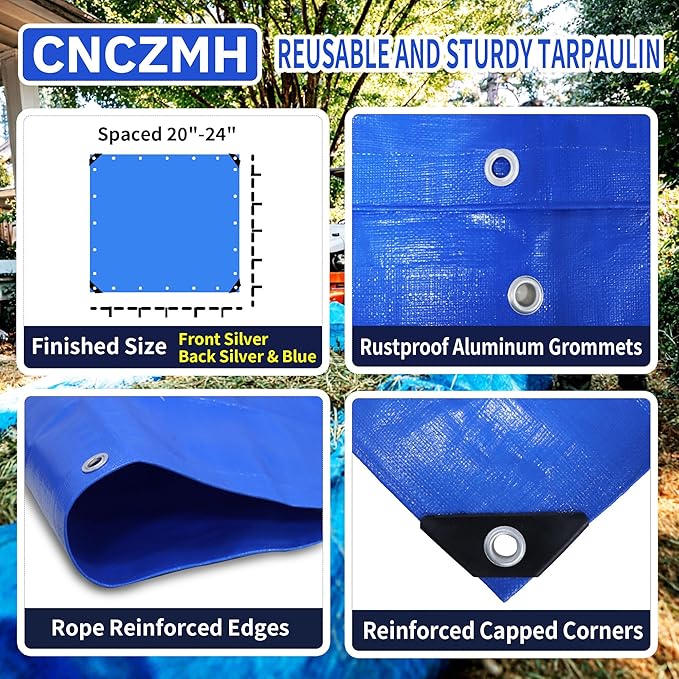 Tarp Heavy Duty Waterproof 12x20 Feet, 10 Mil Thick Blue Poly Tarps Outdoor, Metal Grommets, Reinforced Edges, Multipurpose Tarpaulin Protective Cover for Camping, Boat, Swimming Pools, Car