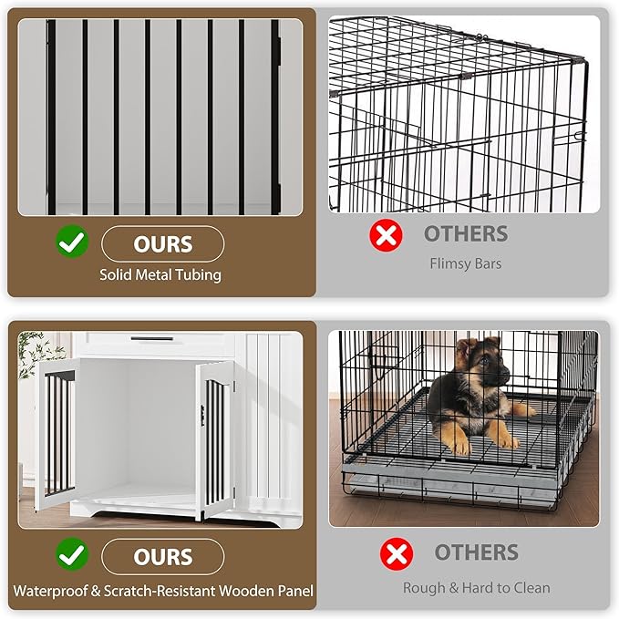 Dog Crate, 44 Inch Dog Crate Furniture End Table, Built-in Feeder Dog Kennel Indoor Kennel, Drawer Storage Small Dog Crate Dog Kennel Furniture Large Dog Crate, White + Walnut Wood