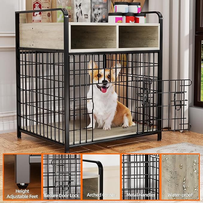 Small Dog Crate Furniture with Drawers Storage, Puppy Dog Kennel Indoor with Double Doors, Heavy Duty Wooden Dog Cage Table, Sturdy Metal, Gray