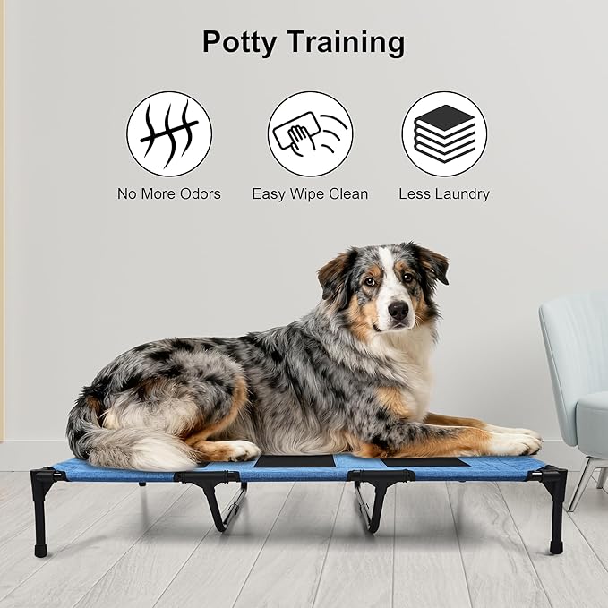 Raised Dog Bed Cooling Cot for Indoor Outdoor Use Portable Waterproof Mesh Pet Bed Washable for Large Medium Small Dogs, Blue