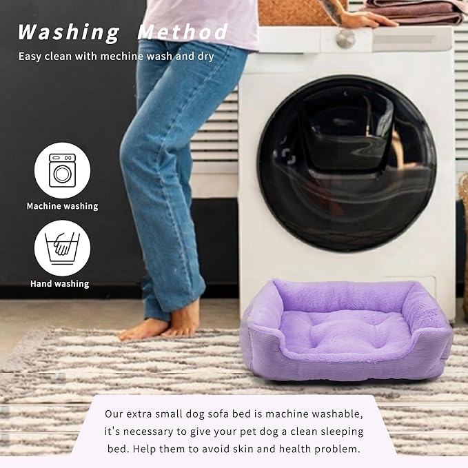Tiny Dog Bed Extra Small Purple Rectangle Puppy Bed with Sides Soft Calming Supporting Washable 18 x 14 x 5 Inch