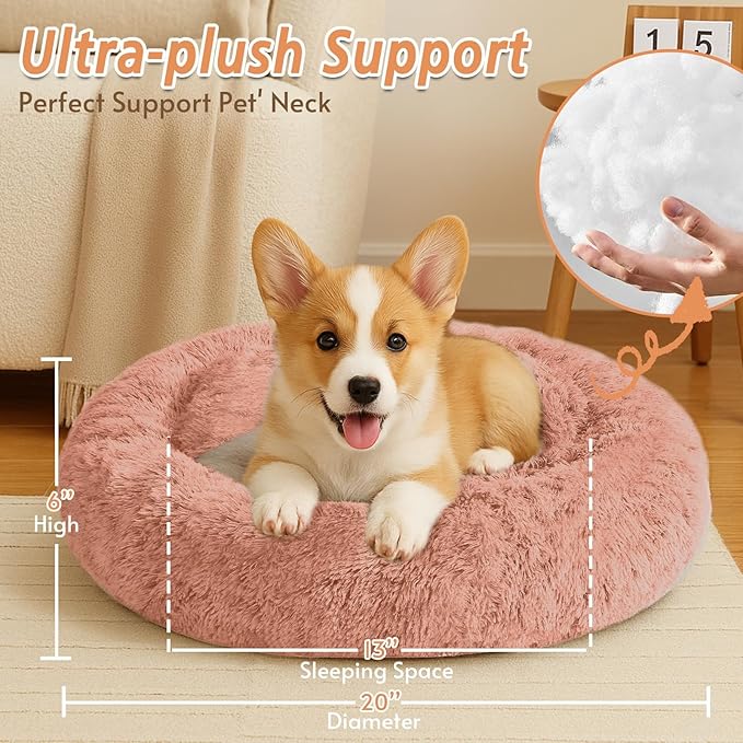 JOLLYVOGUE Calming Dog & Cat Bed for Small Dogs, Anti-Anxiety Donut Cuddler Cozy Soft Round Bed with Anti-Slip Bottom, Fluffy Faux Fur Plush Cushion Beds for Small Medium Pets (20")