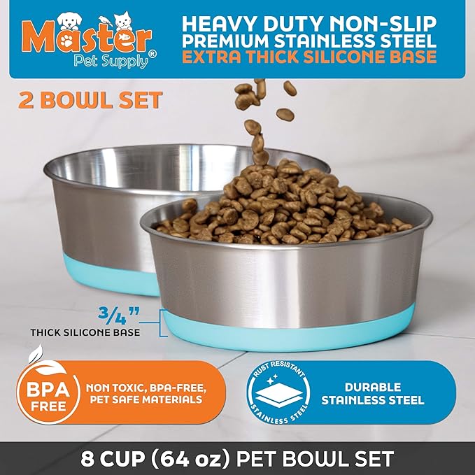 Master Pet Supply Stainless Steel Dog Bowls Set of 2 with Extra Thick Silicone Base - 8 Cup (64 oz) Aqua Sky, Non-Slip, Dishwasher Safe Metal Bowls, Pet Dog Food Bowl for Dogs, Cats, Anti Rust