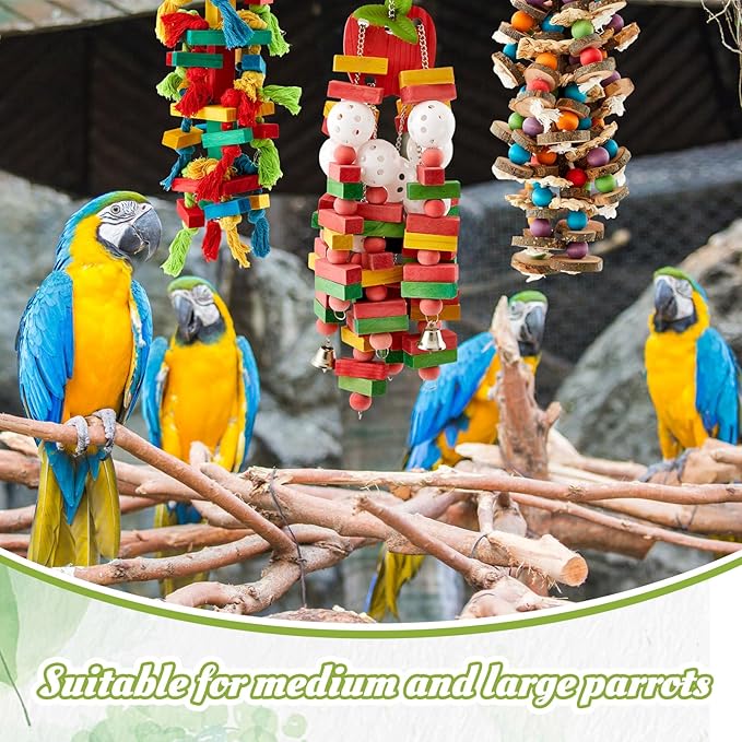 3 Pcs Extra Large Bird Parrot Toy Multicolored Natural Wooden Parrot Cage Chewing Toys for Large Medium Macaws Cockatoos African Grey Birds (Block and Ball)