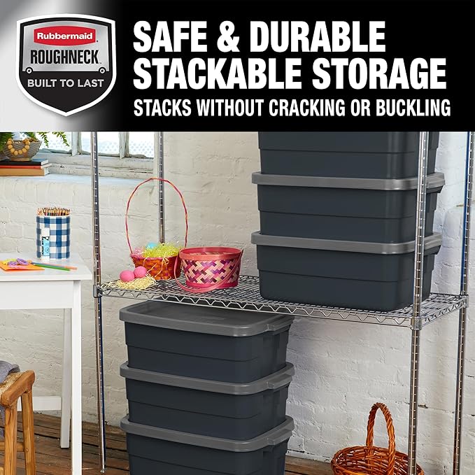 Rubbermaid 6-Pack Totes for Storage with Lids, Heavy Duty Plastic Storage Bins with Lids, Black Gray, 10 GAL - Stackable for Garage, Attic, Camping (10 GAL - 6 Pack Solid Black and Grey)