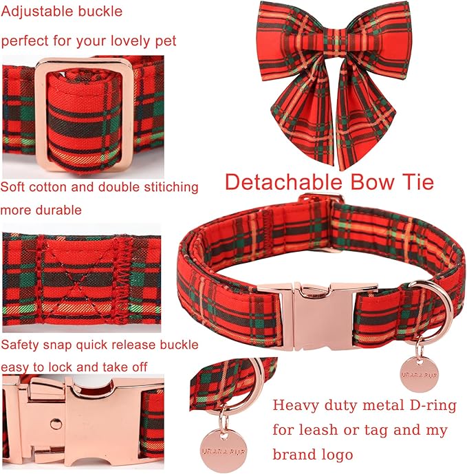 Christmas Dog Collar with Bow Tie, Cotton Christmas Plaid Collar for Medium Girl Boy Dog,Red &Green Plaid Dog Collar Bowtie with Durable Metal Buckle,Adorable Pet Collar,S,Neck 10-16in