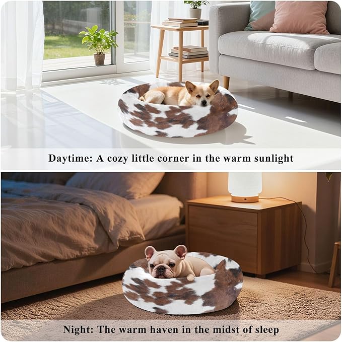 Round Cat Bed Dog Bed,20in Cow Print Washable Non-Slip Bottom Soft Pet Bed for Small Medium Dogs and Cats