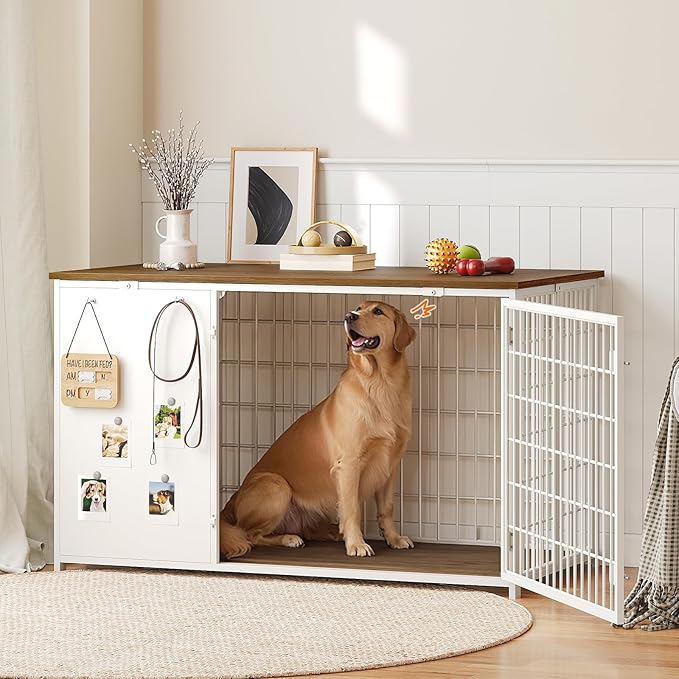 Foldable Dog Crate Furniture, 47.2" Dog Crate with DIY Frame, Heavy Duty Dog Kennel Indoor with Hooks, Wooden Dog Cage End Table, for Small/Medium/Large Dogs, White DC120WH