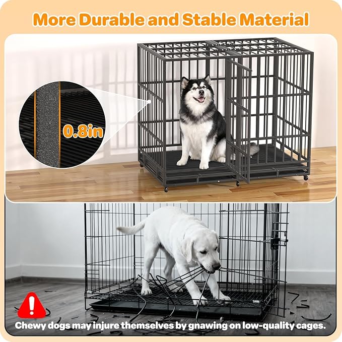 54 Inch Heavy Duty Dog Crate, Indestructible Escape-Proof Dog Kennel for High Anxiety Large Dogs, Strong Metal Pet Cage with Double Doors, Lockable Wheels & Removable Tray, XL XXL XXXL