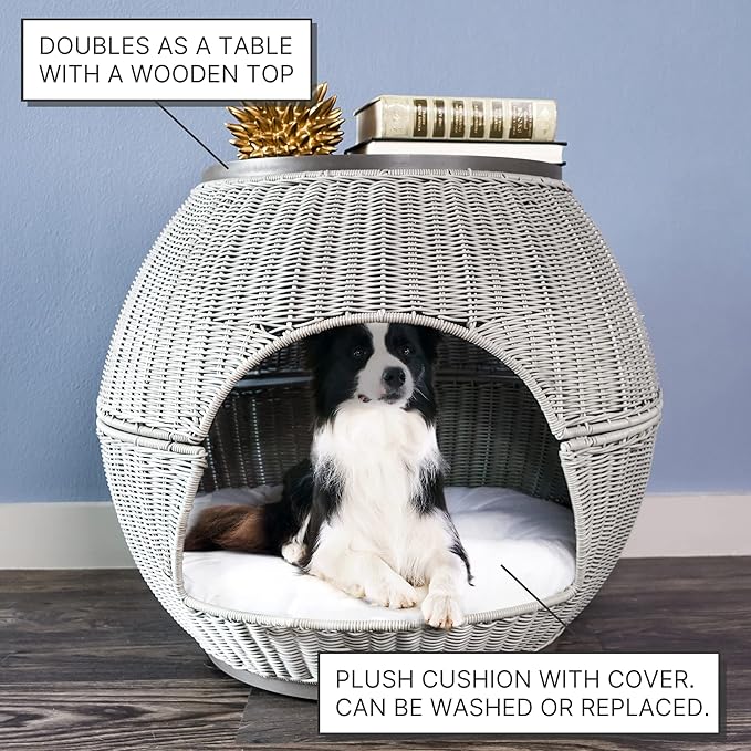 The Refined Canine Igloo Indoor Dog Bed & Cat Bed in Smoke, Multipurpose Pet Bed with Table Top, Claw-Proof Faux Rattan is Easy to Clean, Includes Washable & Replaceable Covered Cushion