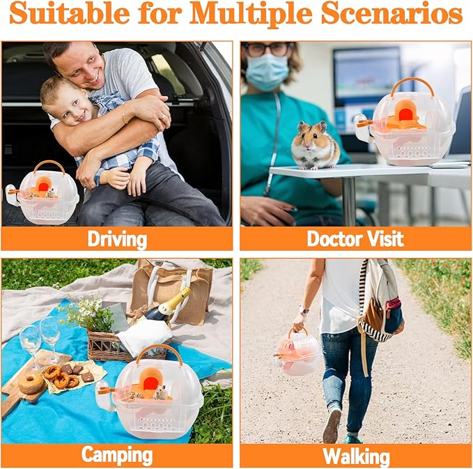 Hamster Transport Carrier,2 Tiers Dwarf Hamster Cage Carrier Breathable Small Animal Travel Carry Case with Silent Exercise Wheels Water Bottle Food Dish for Mice Rat(Orange)