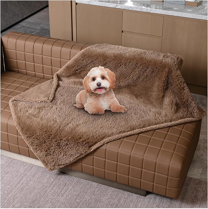 Waterproof Dog Blanket Brown Fluffy Long Faux Fur Pet Throw Blankets 28x20in for Couch Love Bed Cover Washable(Brown,XS)