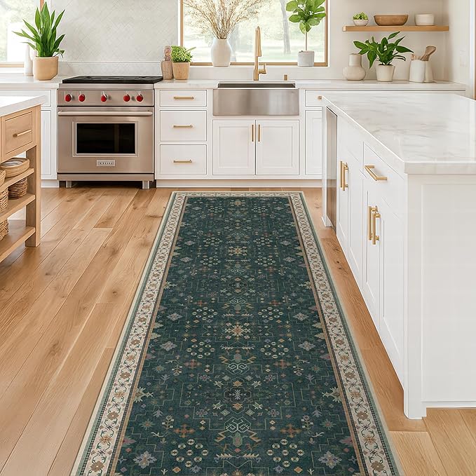 Hazo Haus Dark Green Hallway Runner Rug 12 ft Long