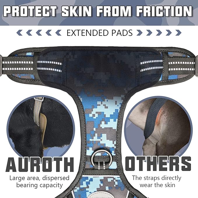 Auroth Tactical Dog Training Harness No Pulling Front Clip Leash Adhesion Reflective Pet Working Vest Easy Control for Small Medium Large Dogs Blue Camo M