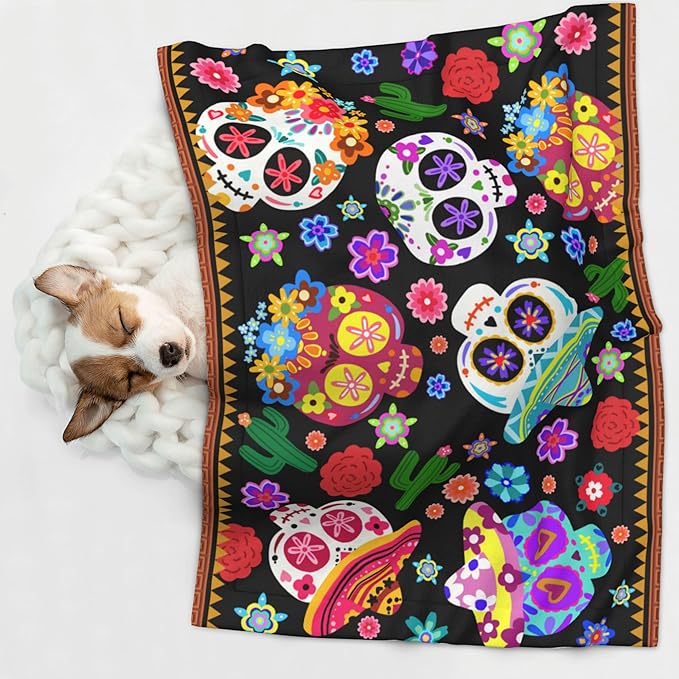 Mexican Blanket for Pet - Floral Skeletons Throw Blanket 40x30 Skull Couch Blankets for Puppy Dogs Cats