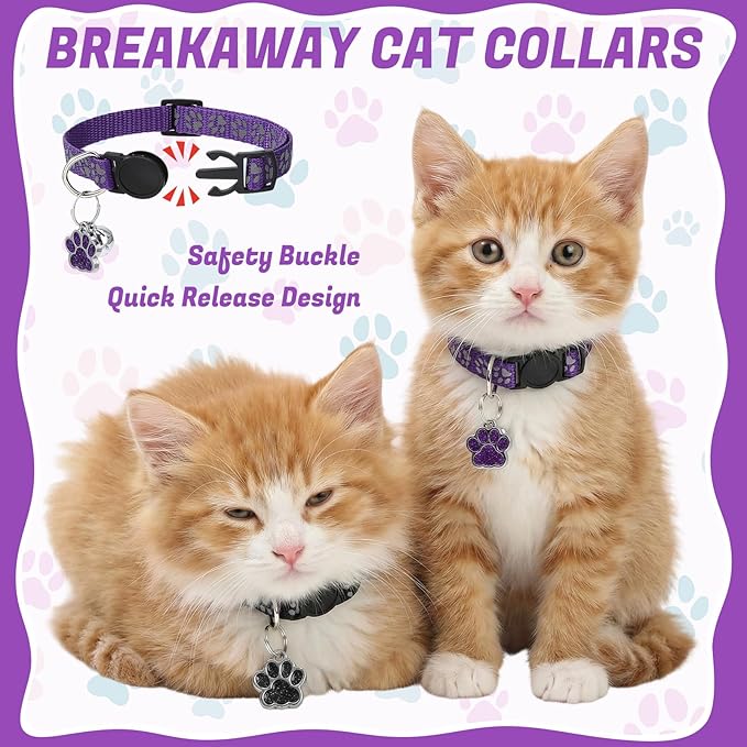 10Pcs Breakaway Cat Collars with Bell Paw Print Cute Adjustable Kitten Collars with Pendant Glow in The Dark