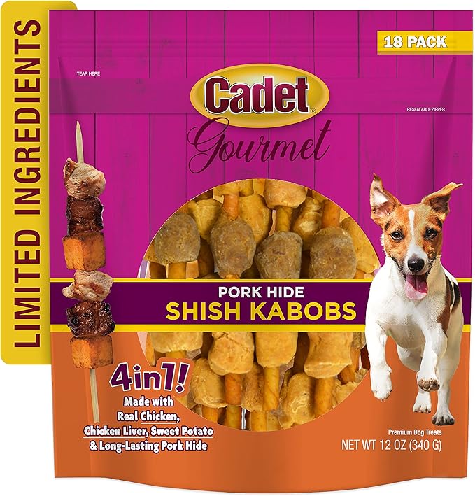 Cadet Gourmet Shish Kabob Dog Treats for Small Dogs, Healthy Natural Chicken, Duck, & Sweet Potato Chews, Pork Hide, 5-Inch Sticks, 18 Count