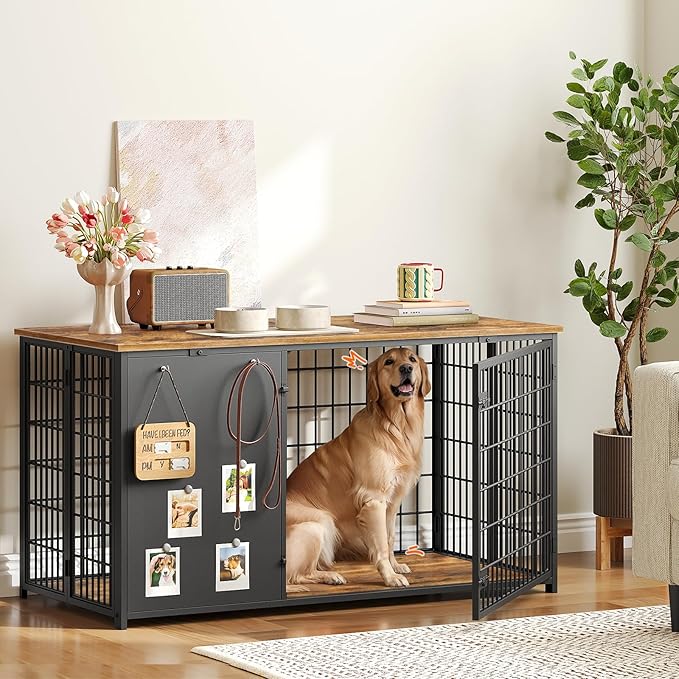 Foldable Dog Crate Furniture, 47.2" Dog Crate with DIY Frame, Heavy Duty Dog Kennel Indoor with Hooks, Wooden Dog Cage End Table, for Small/Medium/Large Dogs, Rustic Brown DC120BR