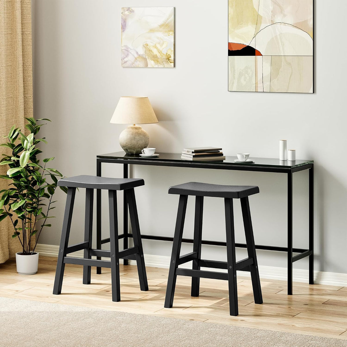 KAMABOKO 4 Set 24" HDPE Bar Stools Set Outdoor, Durable Resin Bar Chairs with Footrest, Weatherproof & Ergonomic Barstools for Patio, Deck & Poolside, Black
