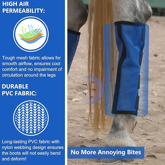 Horse Fly Boots Set of 4 - Non-Slip Leg Guards Extra Tough Mesh Ventilated, Adjustable Horse Fly Leggings Reduce Stomping & Hoof Stress & Leg Fatigue RoyalBlue Small