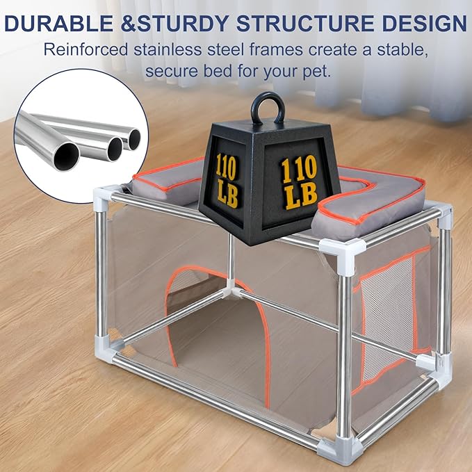 25.5"*17"*17.7" Bedside Dog Bed for Small-Medium Pet,Stainless Steel Frame & Oxford Fabric Dog Bunk Bed with Neck Pillow, Cat Bed Attachment to Human Bed, Elevated Pet Bed,Cat&Dog Perch, Lightweight