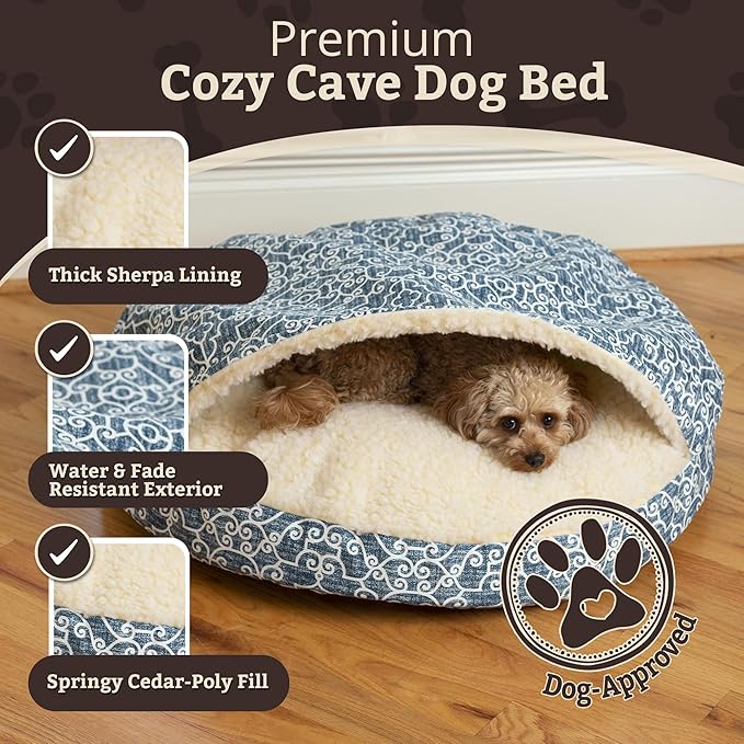Snoozer Cozy Cave Dog Bed - Indoor Dog Bed with Cover Cave, Covered Calming Burrow for Small & Medium Sized Pets with Blanket Attached, Enclosed, Removable Washable Cover - Large, Ramey Oxford