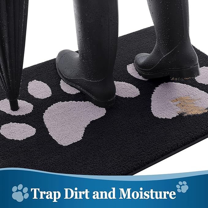 Buganda Dog Door Mat for Muddy Paws, Absorbent Dirt Trapper Washable Indoor Doormats, Non Slip Low-Profile Mud Mat for Dogs, Front Entrance Doormat for Inside Floor (36x24 Inches, Black and Grey)