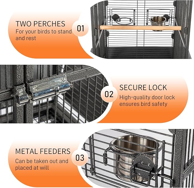 VINGLI 65-Inch Wrought Iron Bird Cage with Playtop | Durable Large Flight Cage with Ladder & Rolling Stand for Parrots, Cockatiels, Budgies, Lovebirds, Small/Medium Birds