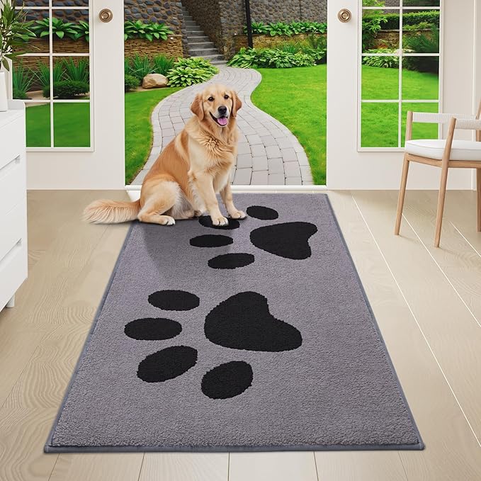 Buganda Dog Door Mat for Muddy Paws, Absorbent Dirt Trapper Washable Indoor Doormats, Non Slip Low-Profile Mud Mat for Dogs, Front Entrance Doormat for Inside Floor (47x24 Inches, Grey)