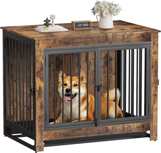 Dog Crate Furniture, 38 Inch Indoor Dog Kennel for Medium Dogs Up to 50 LBS, Heavy Duty Wooden Pet Cage End Table with 3 Doors, Alloy Steel Frame & Removable Tray