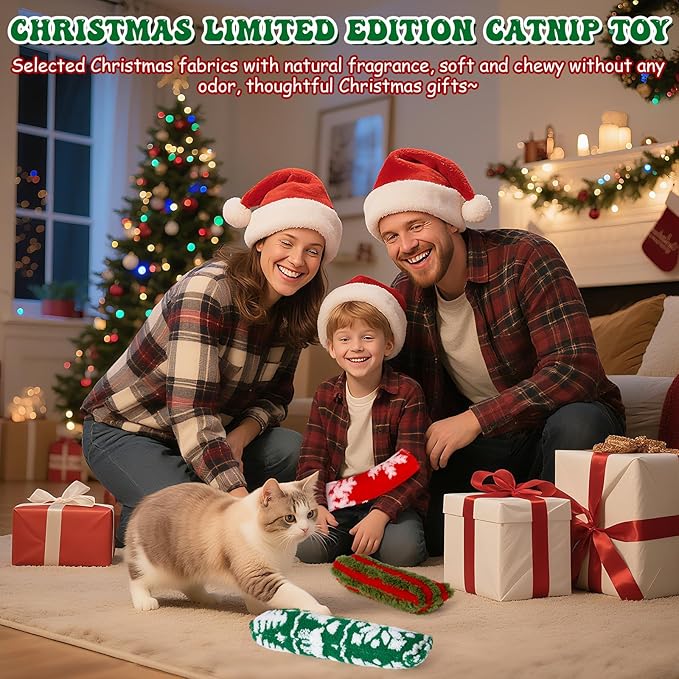 Civaner 6 Pcs Christmas Cat Catnip Toy for Indoor Cat 10.6 Inch Kitten Kicker Stick Catnip Toy with Crinkle Sound Soft Plush Kitten Pillow for Chew Exercise Gift (Red, Green, Red Green Stripes)