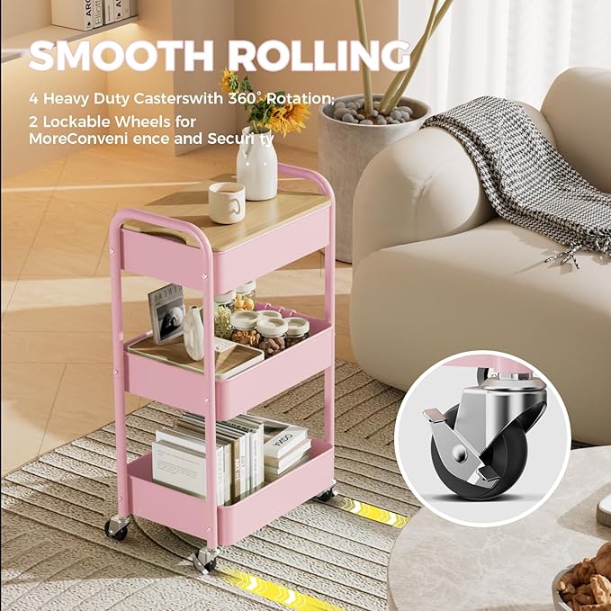 3 Tier Rolling Cart with Table top, Metal Rolling Utility Cart, Sturdy Storage Organizer Cart with Locking Wheels & Hooks for Office, Classroom, Kitchen and Bathroom，Pink