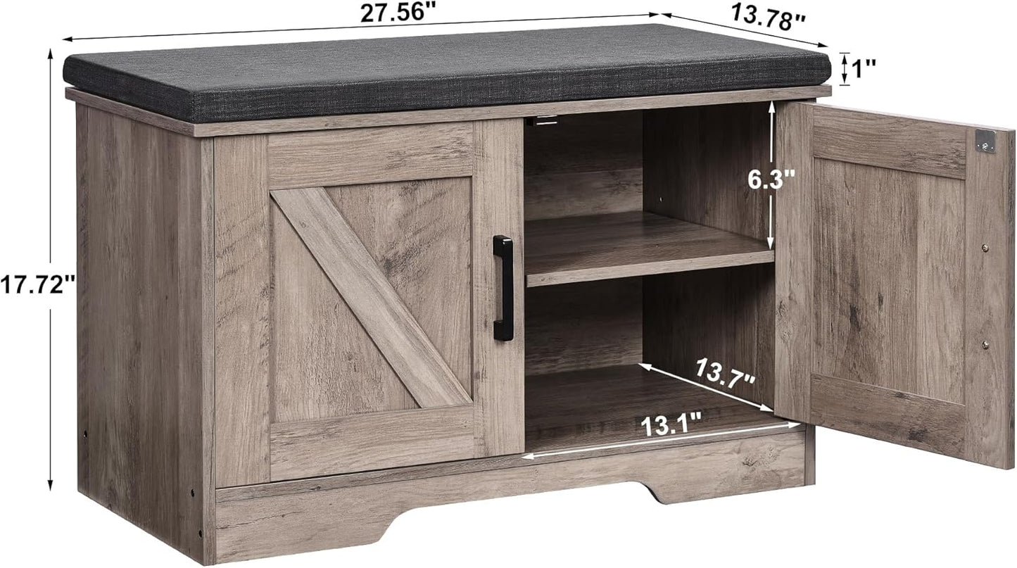 2-Tier Storage Bench, Shoe Bench with Padded Seat Cushion, Entryway Bench with 2 Barn Doors, Adjustable Shelf, 13.8" D x 27.6" W x 17.7" H, for Entryway, Living Room, Bedroom, Greige