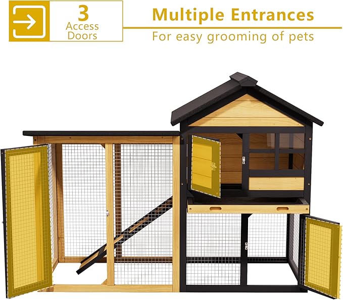 Chicken Coop, Chicken Run,Small Wooden Duck Coop Outdoor 2-Tier Hen House All Weather Used Poultry Quail Cage Rabbit Pet Hutch House with Ramp for Small Animals (Yellow Black)