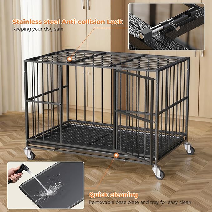 38 Inch Heavy Duty Dog Crate Steel Escape Proof, Dog Kennel Indoor Double Door High Anxiety Cage, Removable Tray, Crate with Wheels,XL