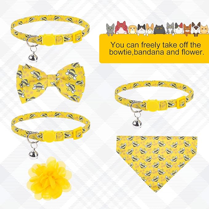 Breakaway Cat Collars with Bell & Cute Pendants - 3 Pack Adjustable Safety Kitten Collars - Decoration for Girl Boy Cats Puppy and Small Pets (Style C - Bee)