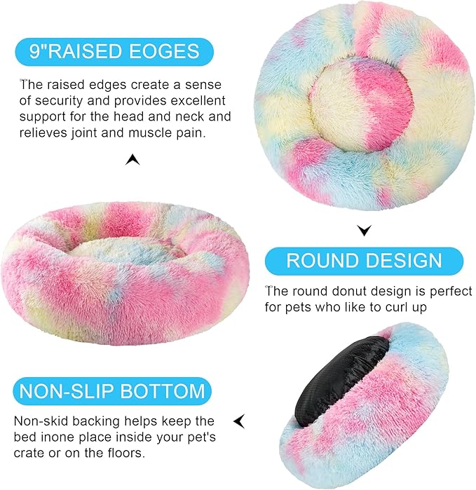 Dog Calming Beds for Small Medium Large Dogs - Round Donut Washable Puppy Dog Bed, Anti-Slip Faux Fur Fluffy Donut Cuddle Anxiety Cat Pet Bed(16'' Color)