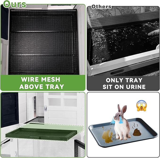 Rabbit Hutch Bunny Cage Indoor/Outdoor, Small Chicken Coop, with Metal Mesh Floor & Removable Tray, Secure Sliding Door, Chew-Resistant Rug Ramp