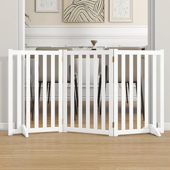30" Height Tall Freestanding Pet Gate, Solid Wood Folding Safety Fence Wooden Dog Gate with 2 PCs Support Feet Ideal for Stairs, Doorways, Halls, Kitchens, Heavy Duty Gates, 3 Panels, White
