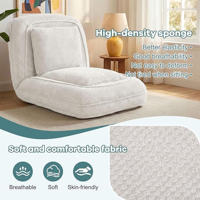 Human Dog Bed for Adults & Pets, 5-Position Adjustable Floor Chair, Convertible Lazy Sofa Bed with Metal Frame & 2 Pillows, Plush Gaming Lounge for Living Room Bedroom Office (White)