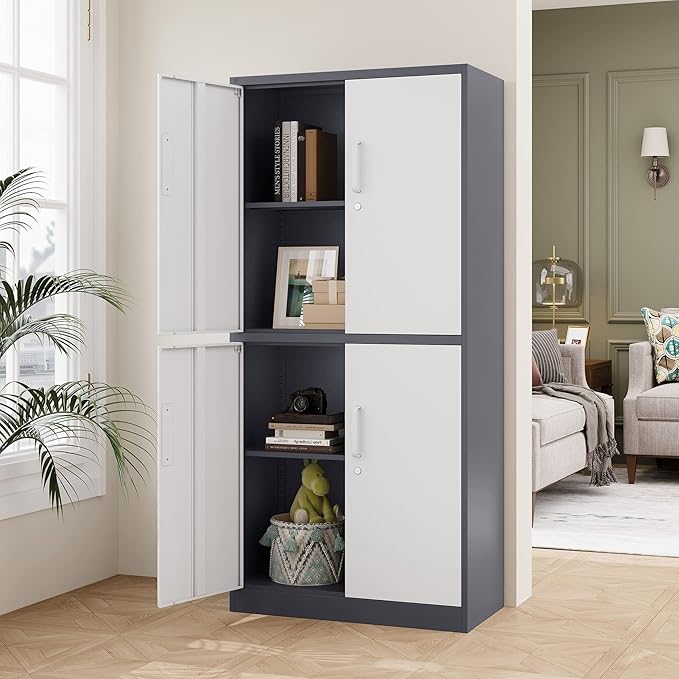 STANI Metal Storage Cabinet, Locking Steel Cabinet with 4 Doors and 2 Adjustable Shelves, 71" Tall Steel Cabinet for Home Office, Garage, School (Grey+White)