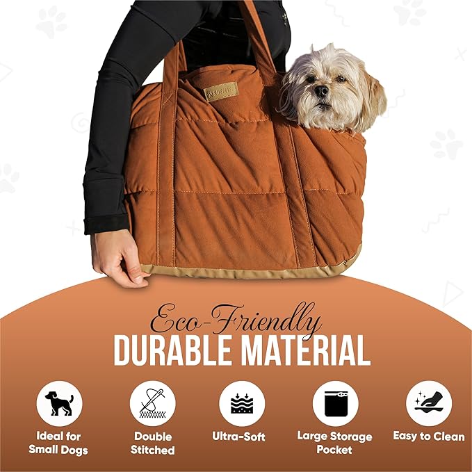 Plush Dog Purse Carrier for Small Dogs, Soft Dog Tote Bag with Safety Harness Clip, Cozy Pet Carrier for Dogs Under 15 lbs, Comfortable Dog Shoulder Carrier for Travel, Brown