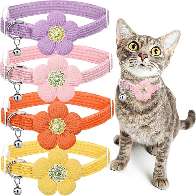 Cat Collar, HANSHILAI Kitten Collar with Bells, Cute Cat Collar Breakaway for Girl Boy with Flower,Collar para Gatos (Rhinestones Yellow & Pink & Orange & Purple)