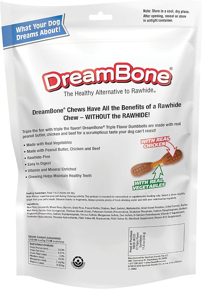 DreamBone Triple Flavor Dumbbells, Treat Your Dog to a Chew Made with Real Chicken and Vegetables